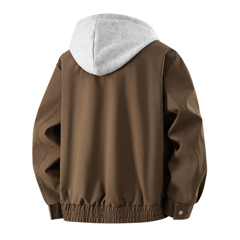 Men's Casual Layered Bomber Jacket with Integrated Hooded Inner Jacket, Two-Way Zipper & Elastic Hem