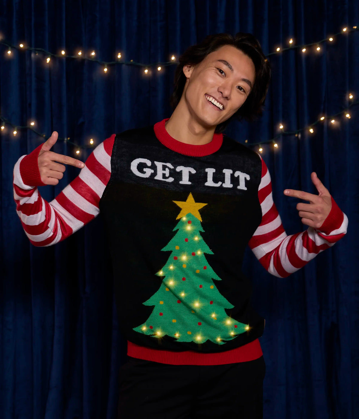 Men's Christmas Tree Sweater with LED Lights and Candy Cane Sleeves for Holiday Parties
