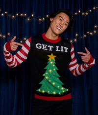 Men's Christmas Tree Sweater with LED Lights and Candy Cane Sleeves for Holiday Parties