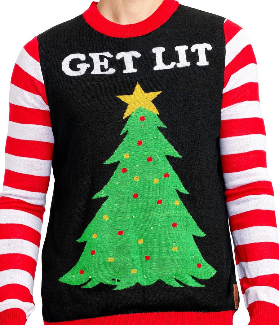Men's Christmas Tree Sweater with LED Lights and Candy Cane Sleeves for Holiday Parties