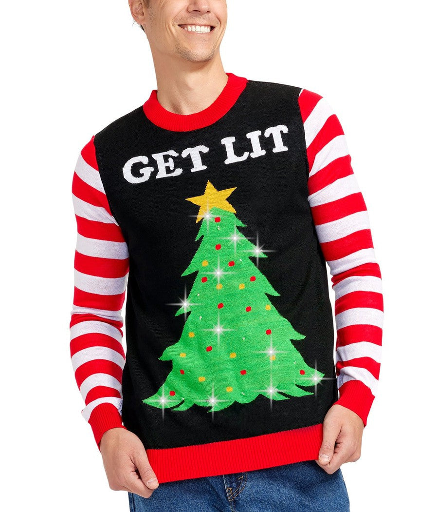 Men's Christmas Tree Sweater with LED Lights and Candy Cane Sleeves for Holiday Parties