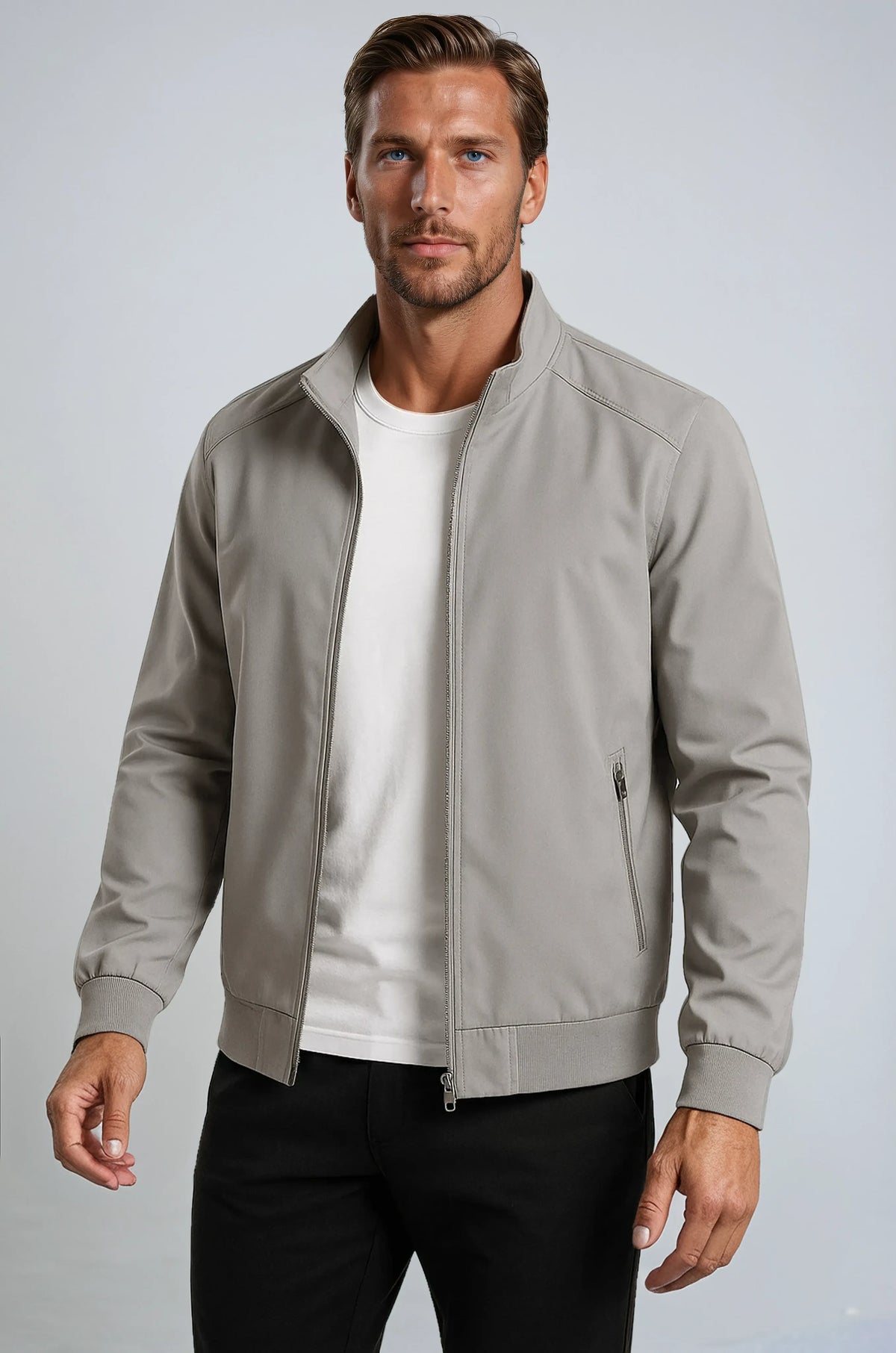 Men's Classic Grey Lightweight Bomber Jacket with Zip and Pockets - Ideal for Transitional Weather