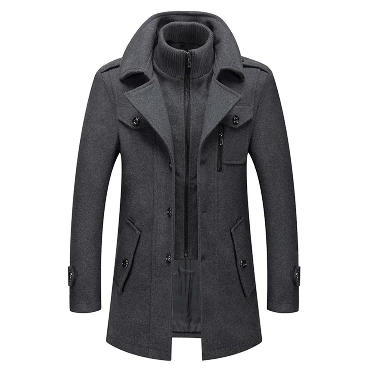Men's Double-Layer Wool Winter Overcoat with Knit Collar