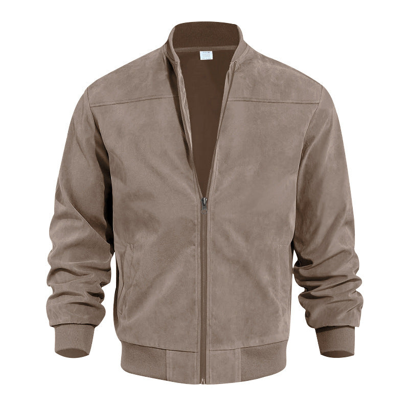 Men's Faux Suede Bomber Jacket with Elastic Cuffs