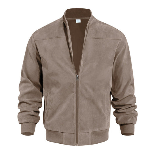 Men's Faux Suede Bomber Jacket with Elastic Cuffs