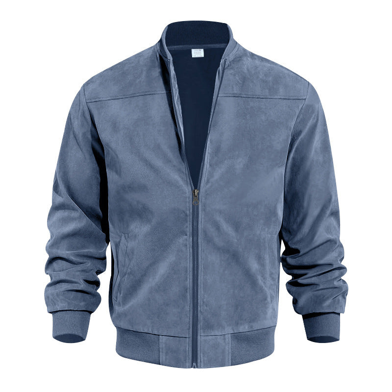 Men's Faux Suede Bomber Jacket with Elastic Cuffs