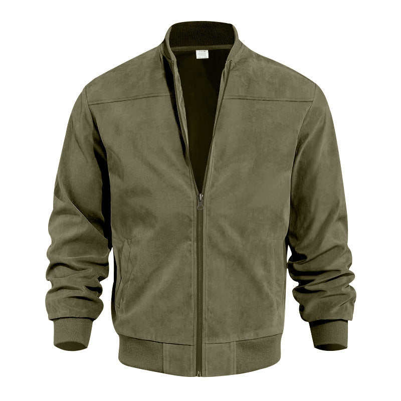 Men's Faux Suede Bomber Jacket with Elastic Cuffs