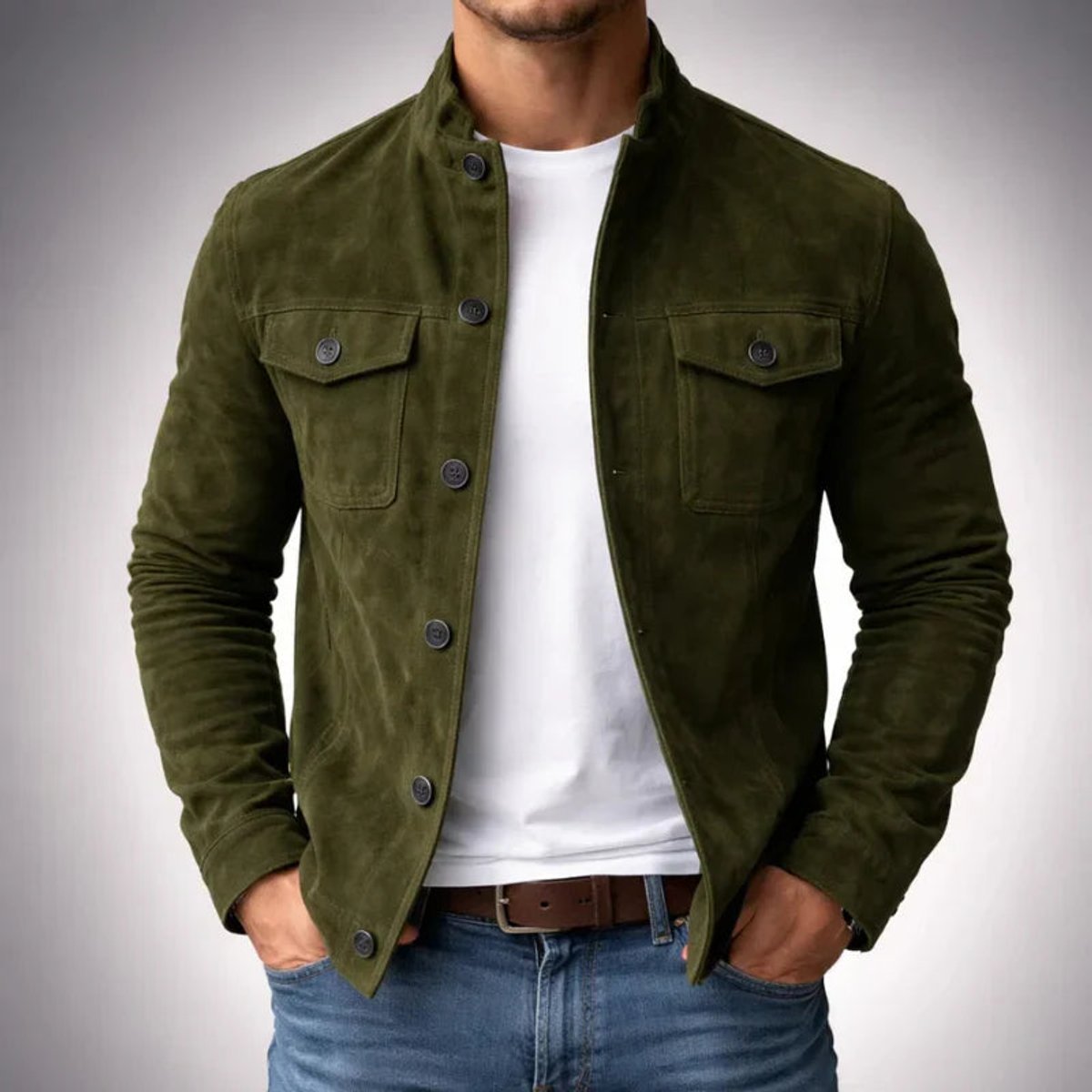 Men's Italian Suede Button-Front Stand-Collar Jacket