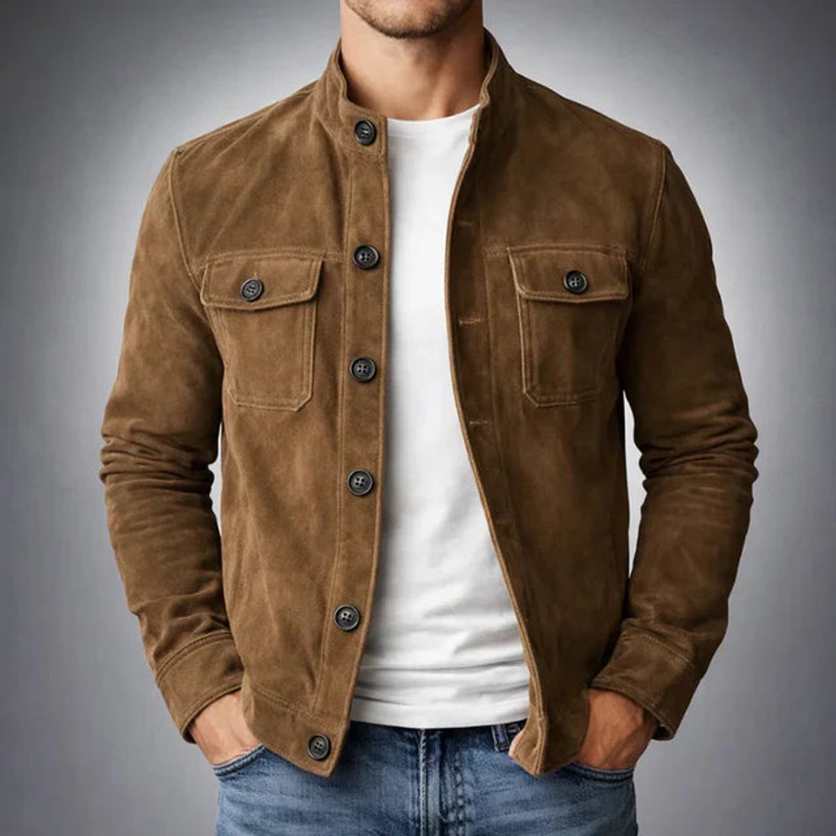 Men's Italian Suede Button-Front Stand-Collar Jacket
