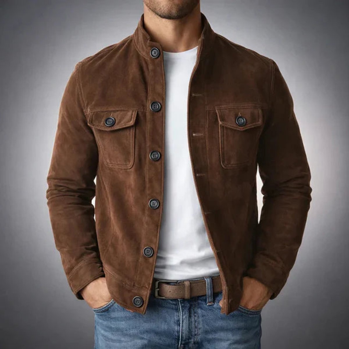 Men's Italian Suede Button-Front Stand-Collar Jacket