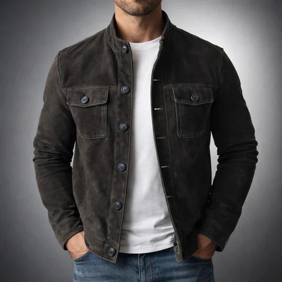 Men's Italian Suede Button-Front Stand-Collar Jacket