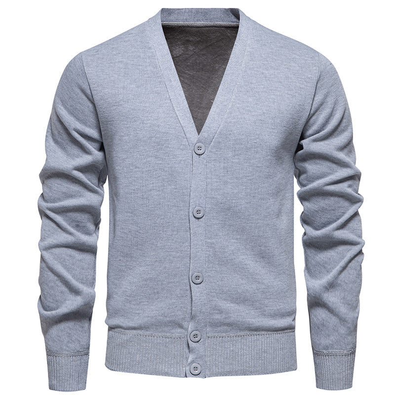 Men's Lightweight Fine-Knit V-Neck Cardigan with Concealed Button Placket and Ribbed Cuffs