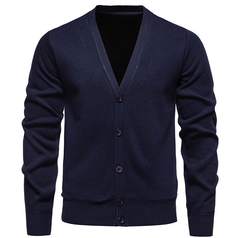 Men's Lightweight Fine-Knit V-Neck Cardigan with Concealed Button Placket and Ribbed Cuffs