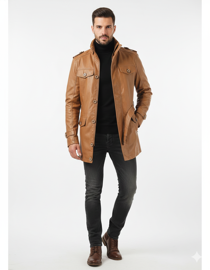 Men's Long Leather Coat – Comfortable Fit and Elegant Style for Winter