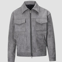 Men's Suede-Look Zip-Up Trucker Jacket with Chest Pockets