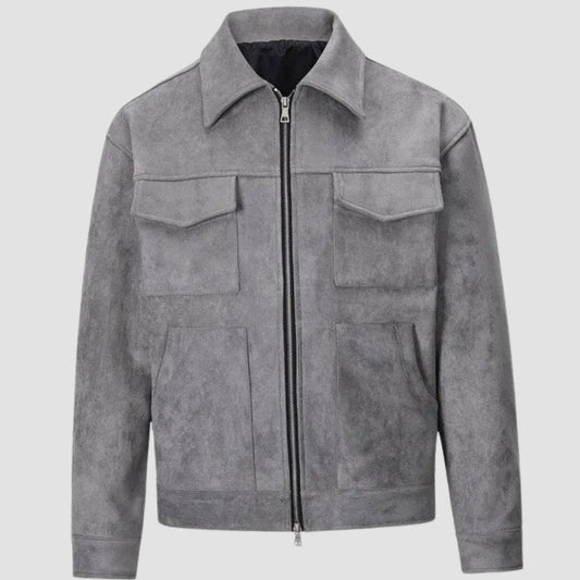 Men's Suede-Look Zip-Up Trucker Jacket with Chest Pockets