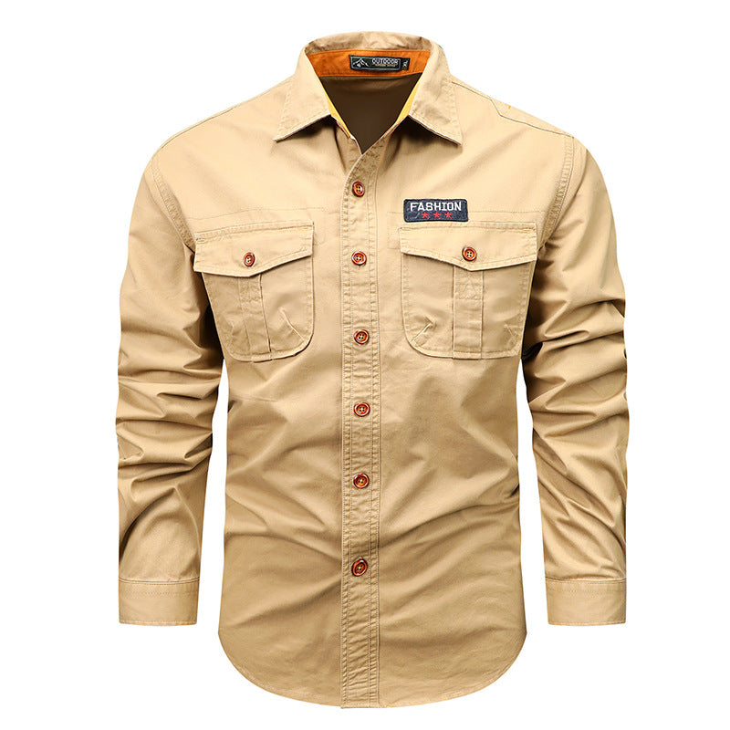 Men's Utility Long-Sleeve Cotton Work Shirt with Dual Chest Pockets