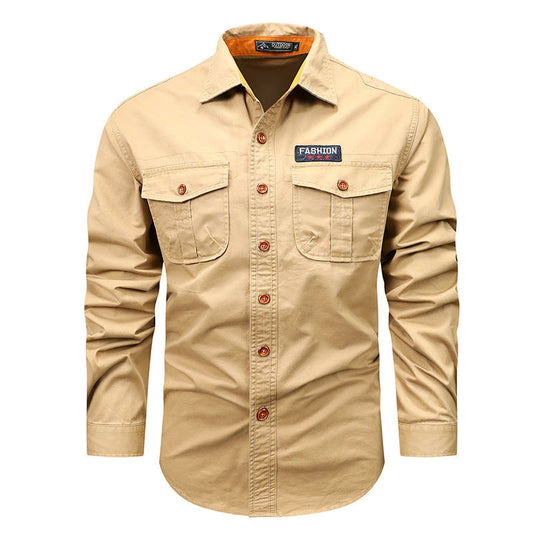 Men's Utility Long-Sleeve Cotton Work Shirt with Dual Chest Pockets