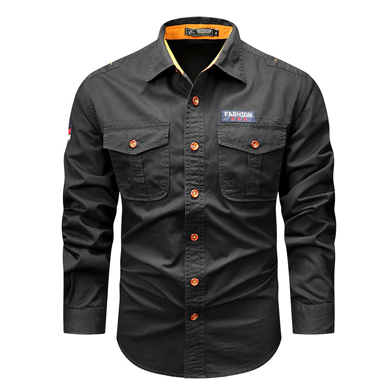 Men's Utility Long-Sleeve Cotton Work Shirt with Dual Chest Pockets