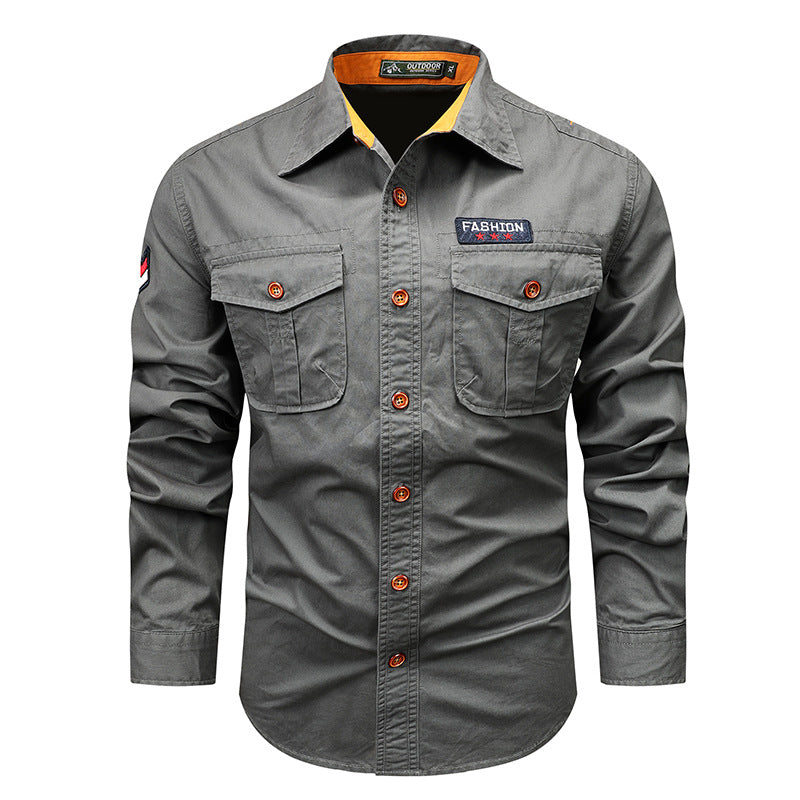 Men's Utility Long-Sleeve Cotton Work Shirt with Dual Chest Pockets