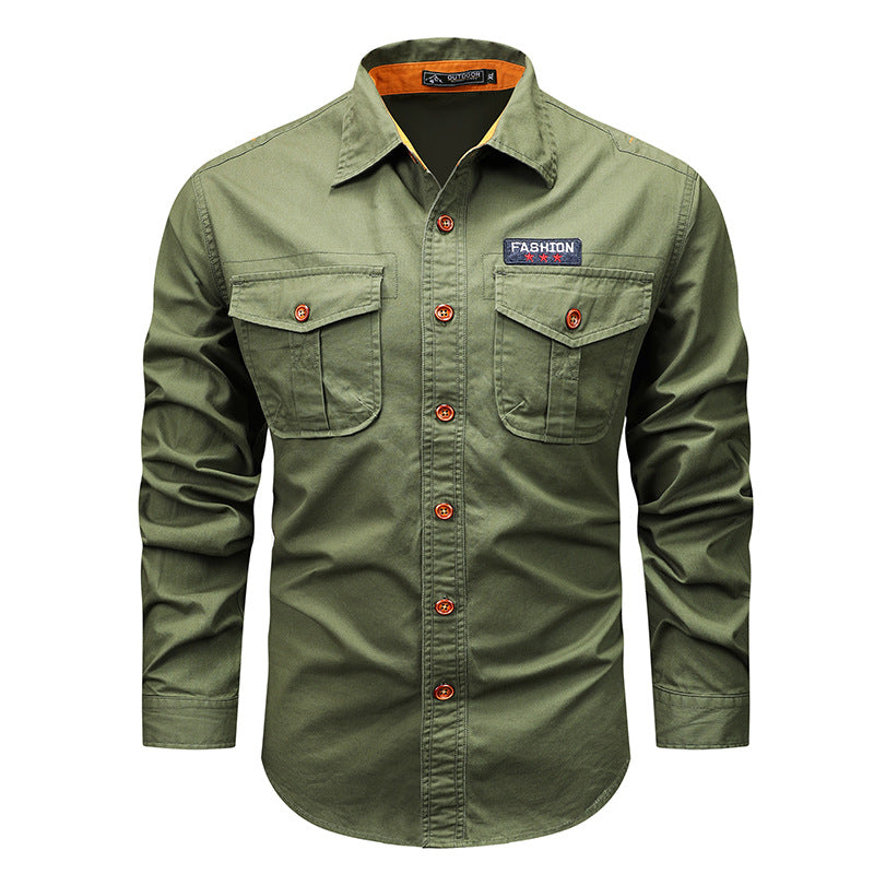 Men's Utility Long-Sleeve Cotton Work Shirt with Dual Chest Pockets