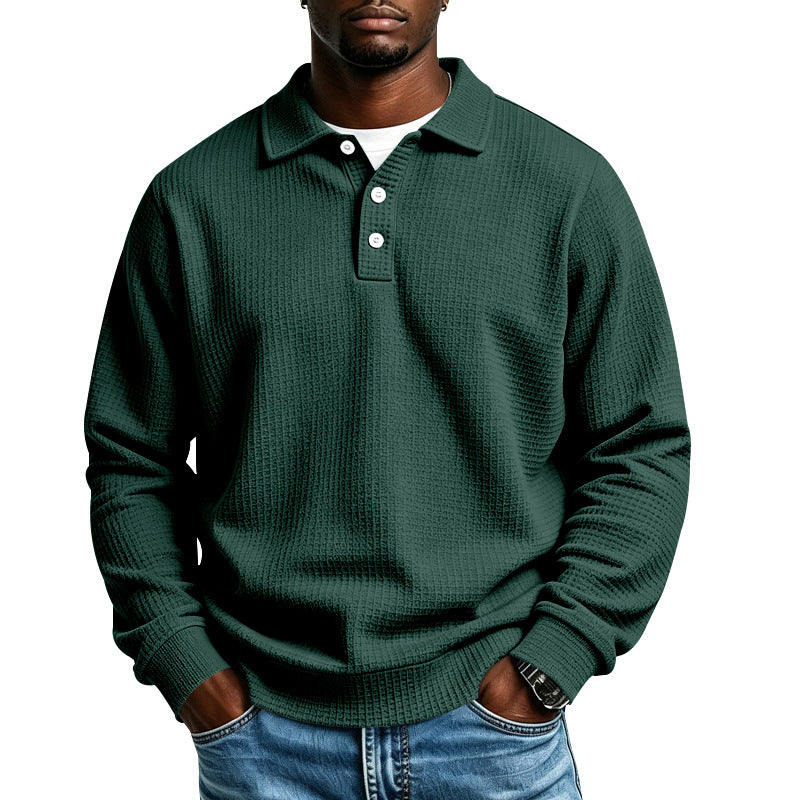 Men's Waffle Knit Polo Shirt with Button Placket and Ribbed Cuffs