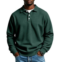 Men's Waffle Knit Polo Shirt with Button Placket and Ribbed Cuffs