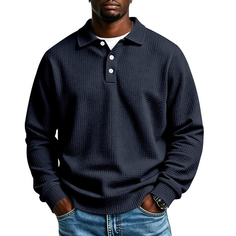 Men's Waffle Knit Polo Shirt with Button Placket and Ribbed Cuffs
