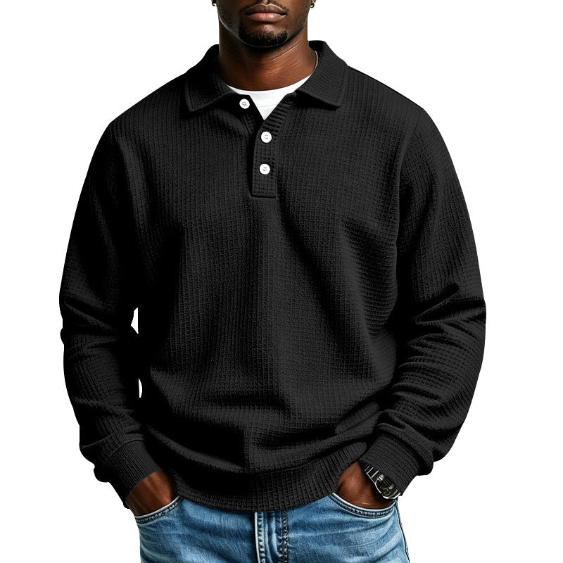 Men's Waffle Knit Polo Shirt with Button Placket and Ribbed Cuffs