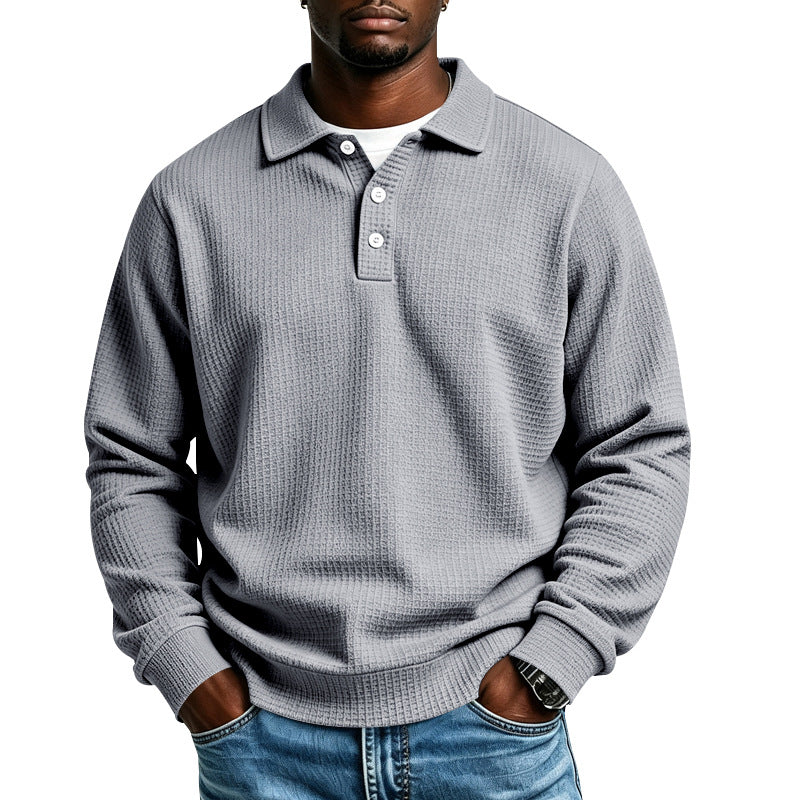 Men's Waffle Knit Polo Shirt with Button Placket and Ribbed Cuffs