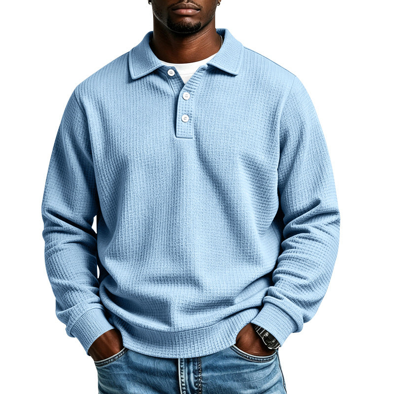 Men's Waffle Knit Polo Shirt with Button Placket and Ribbed Cuffs