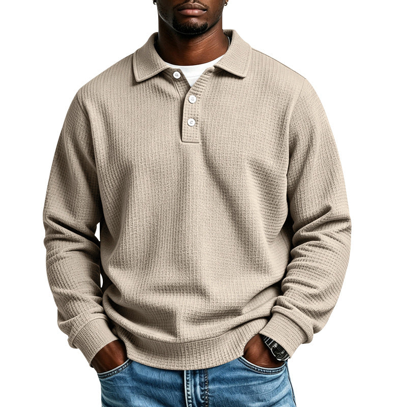 Men's Waffle Knit Polo Shirt with Button Placket and Ribbed Cuffs