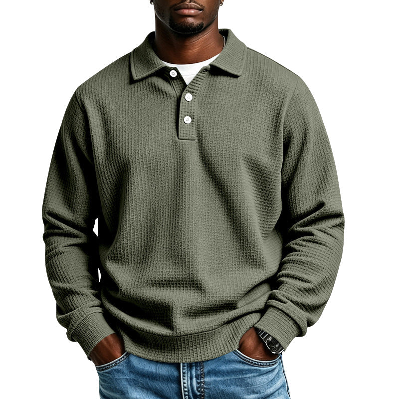 Men's Waffle Knit Polo Shirt with Button Placket and Ribbed Cuffs