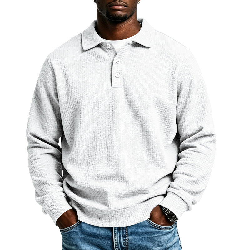 Men's Waffle Knit Polo Shirt with Button Placket and Ribbed Cuffs