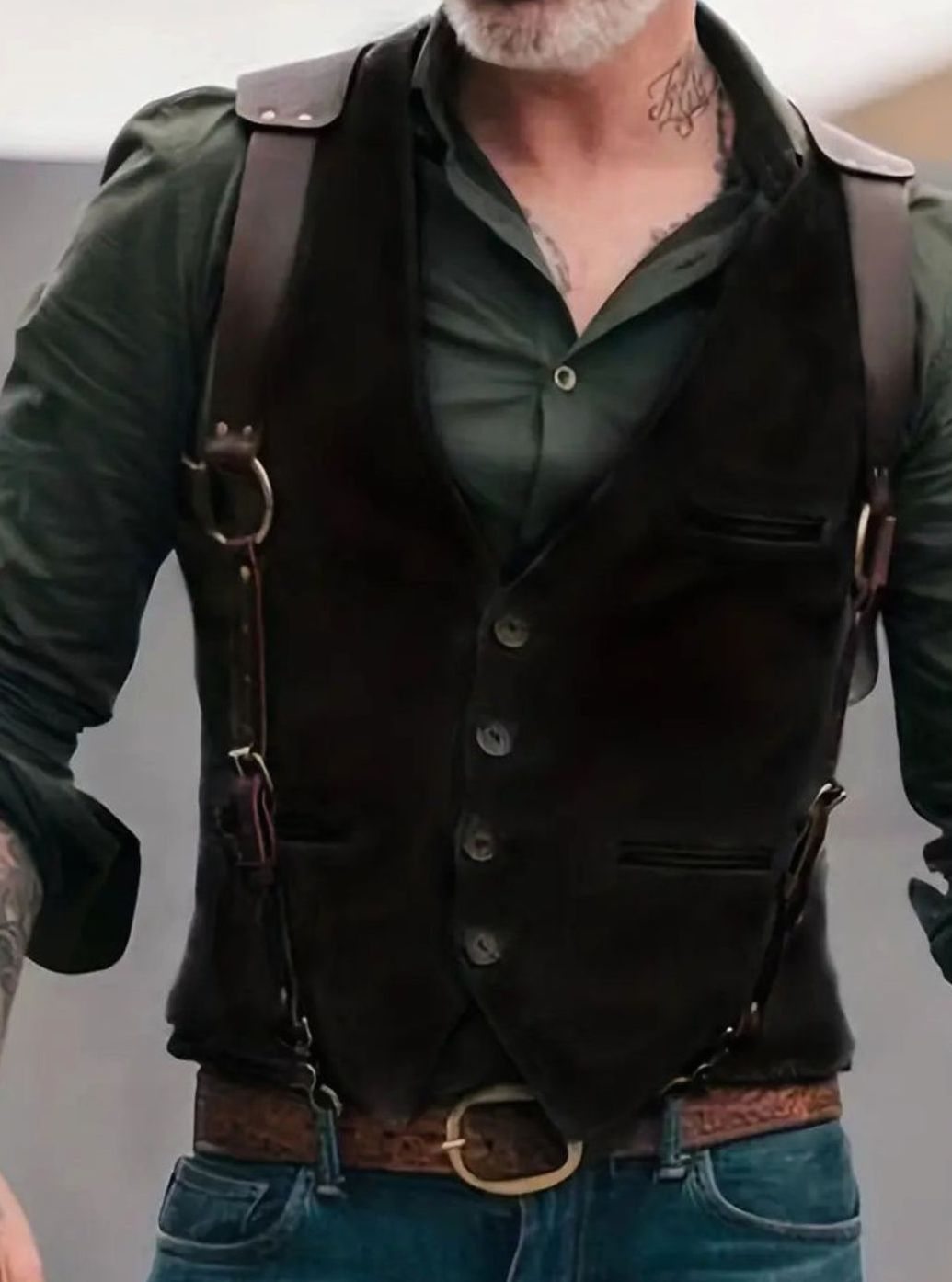 Men's Western Suede-Look Button-Front Vest with Leather Straps