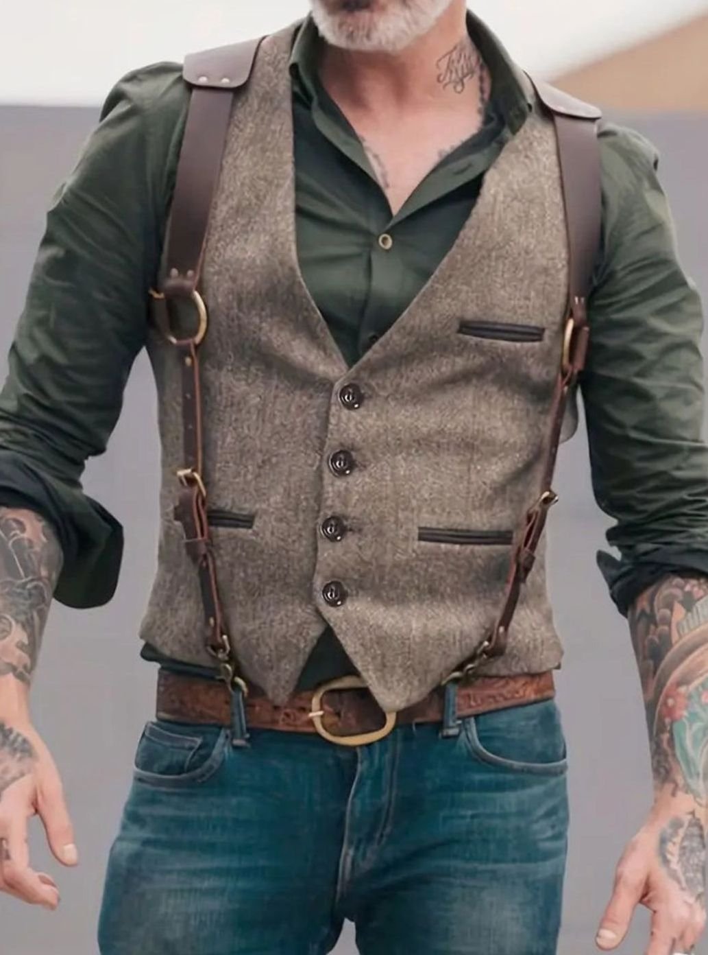 Men's Western Suede-Look Button-Front Vest with Leather Straps