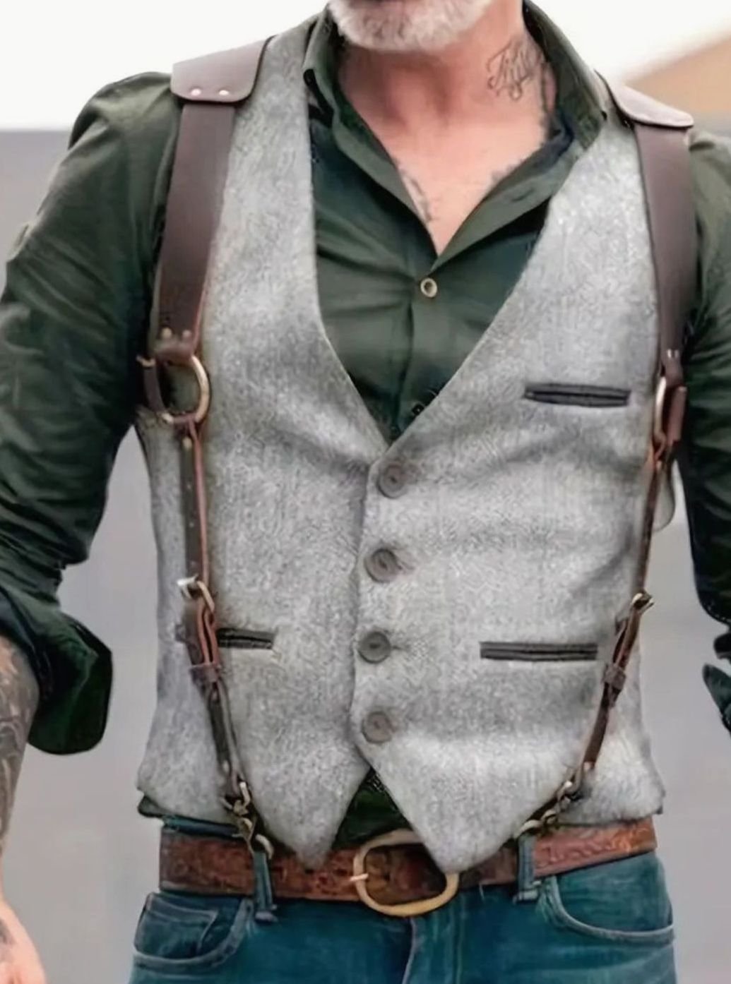 Men's Western Suede-Look Button-Front Vest with Leather Straps