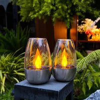Pair of Flameless LED Glass Votive Lanterns with Realistic Flickering Flame and Metal Base
