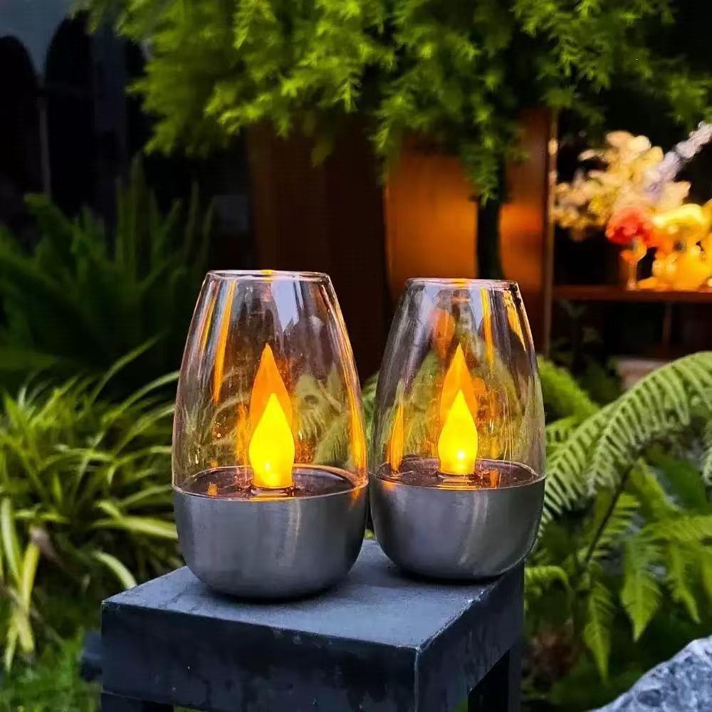 Pair of Flameless LED Glass Votive Lanterns with Realistic Flickering Flame and Metal Base