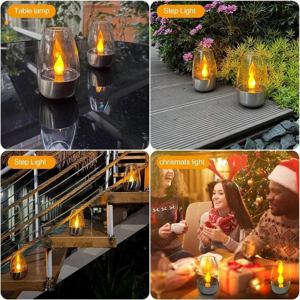 Pair of Flameless LED Glass Votive Lanterns with Realistic Flickering Flame and Metal Base