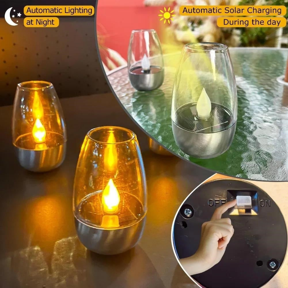 Pair of Flameless LED Glass Votive Lanterns with Realistic Flickering Flame and Metal Base