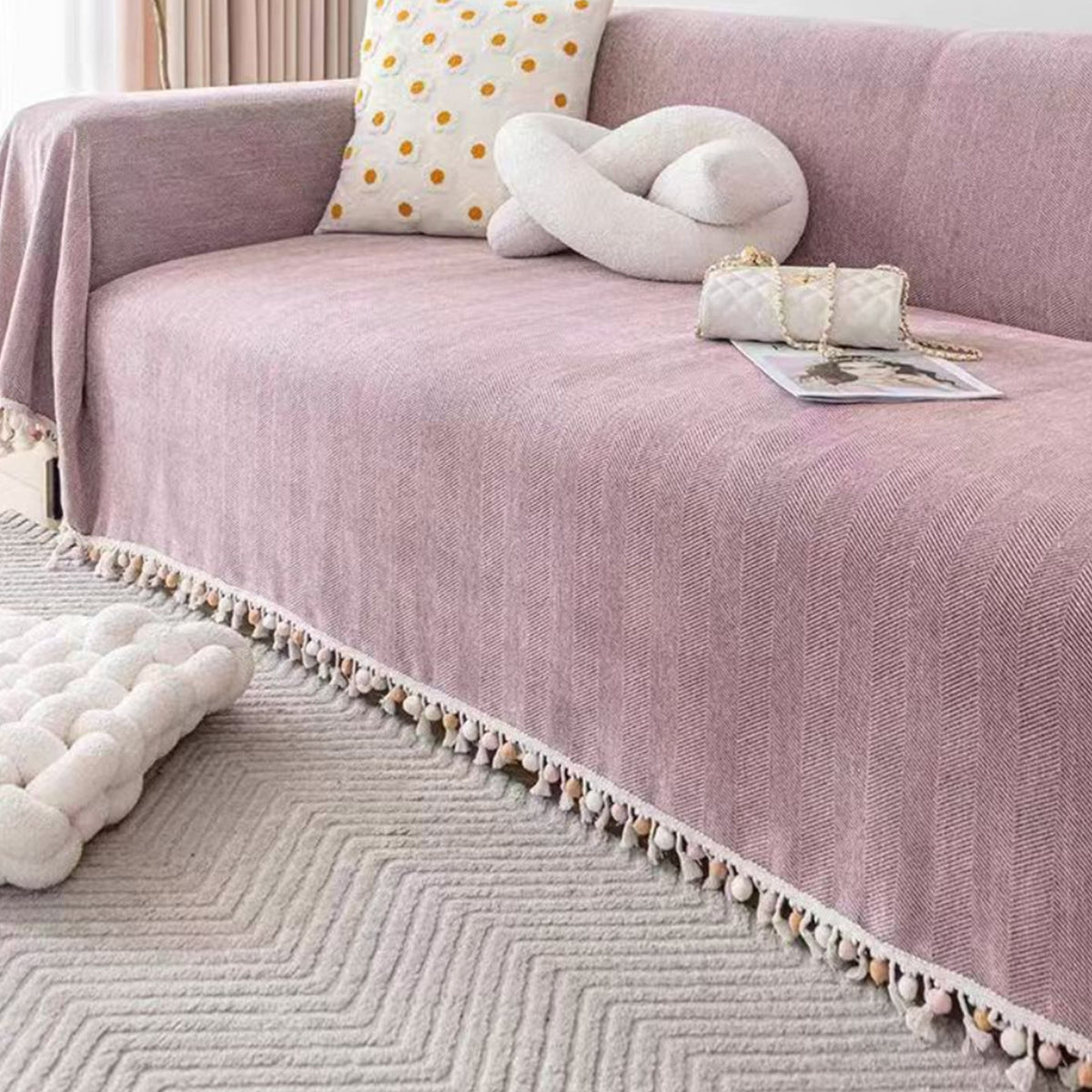 Pet-Friendly Herringbone Sofa Cover with Boho Tassels
