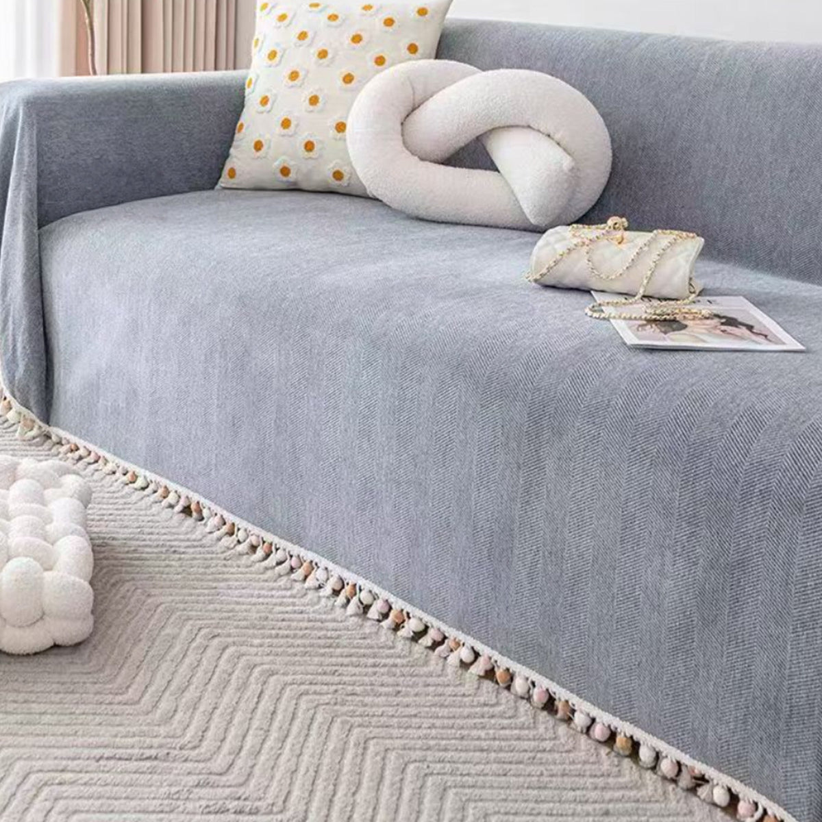 Pet-Friendly Herringbone Sofa Cover with Boho Tassels