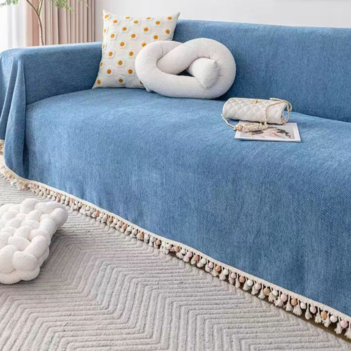Pet-Friendly Herringbone Sofa Cover with Boho Tassels