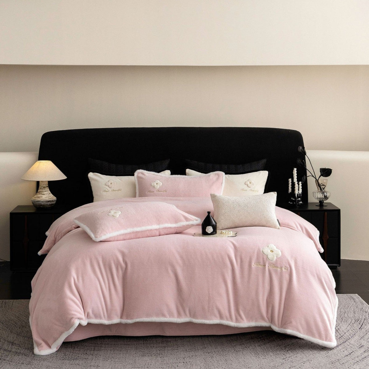 Plush Microfiber Bedding Set with Flower Appliqué and Teddy Trim