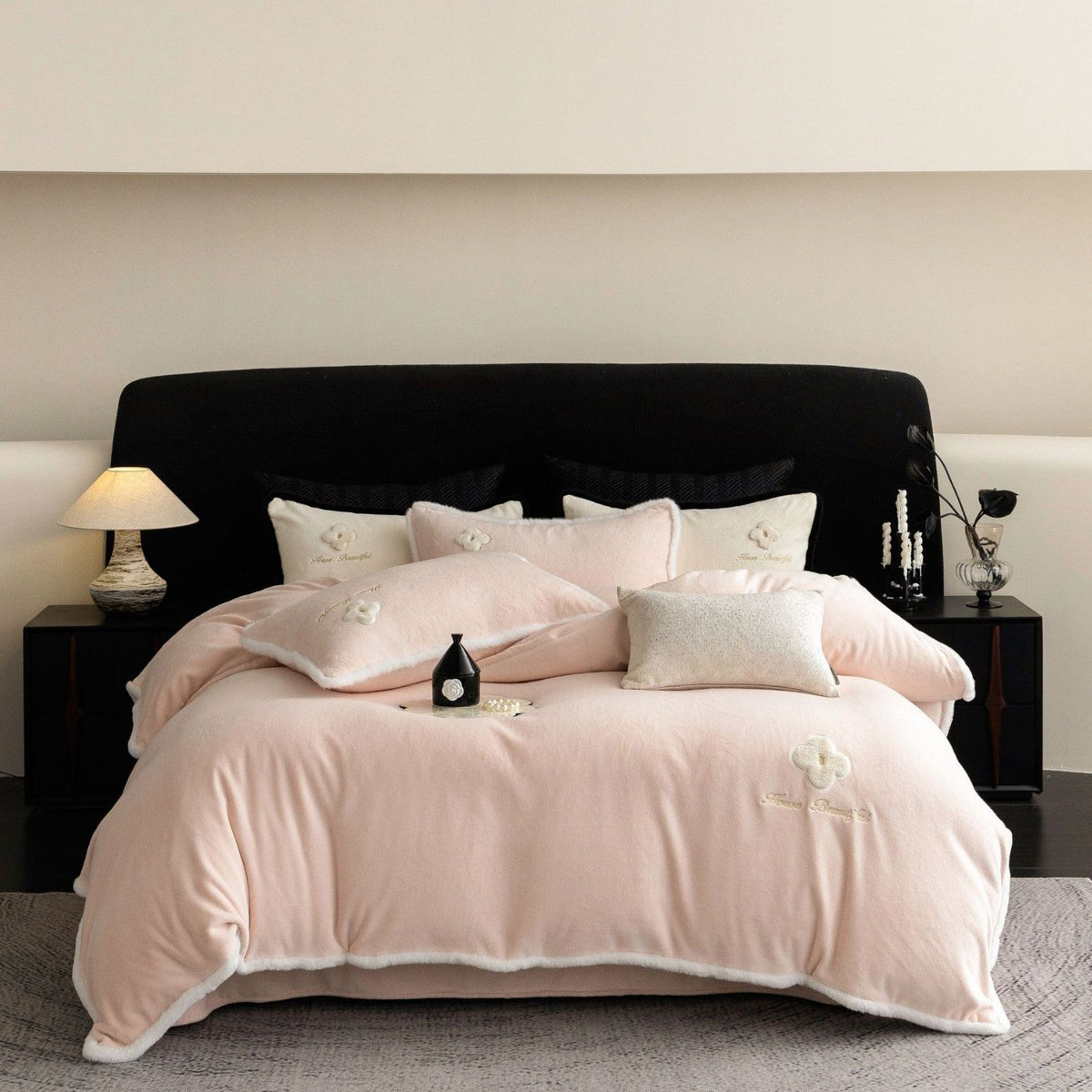 Plush Microfiber Bedding Set with Flower Appliqué and Teddy Trim