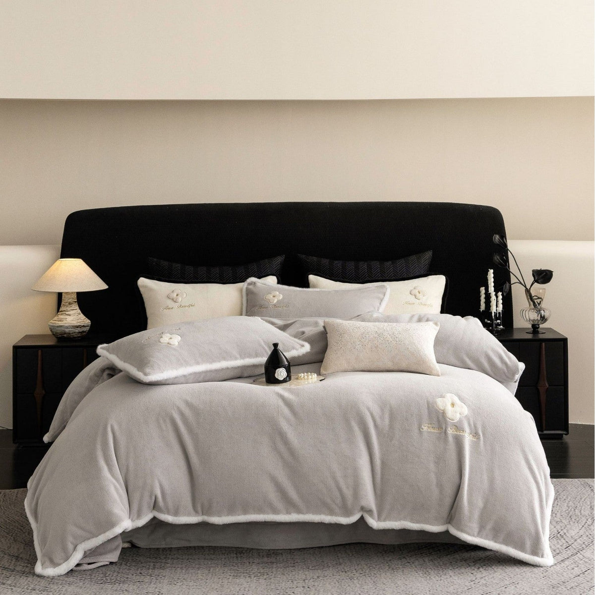 Plush Microfiber Bedding Set with Flower Appliqué and Teddy Trim