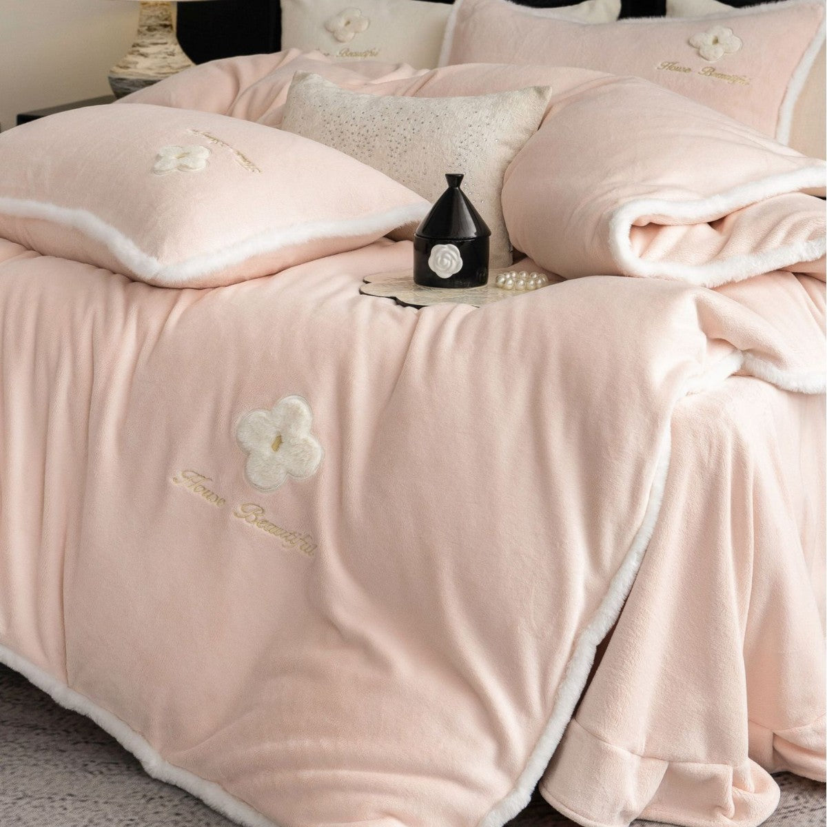 Plush Microfiber Bedding Set with Flower Appliqué and Teddy Trim