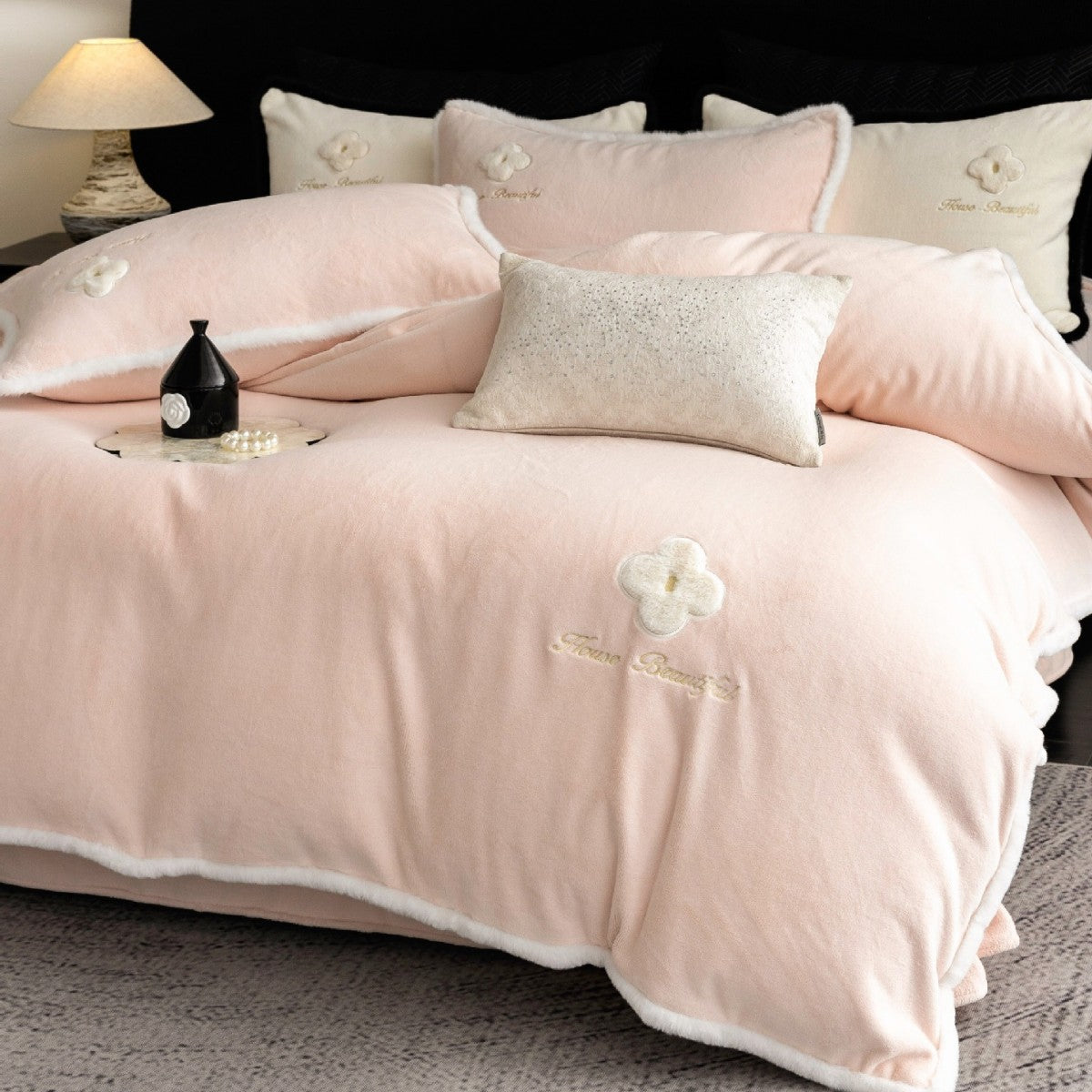 Plush Microfiber Bedding Set with Flower Appliqué and Teddy Trim