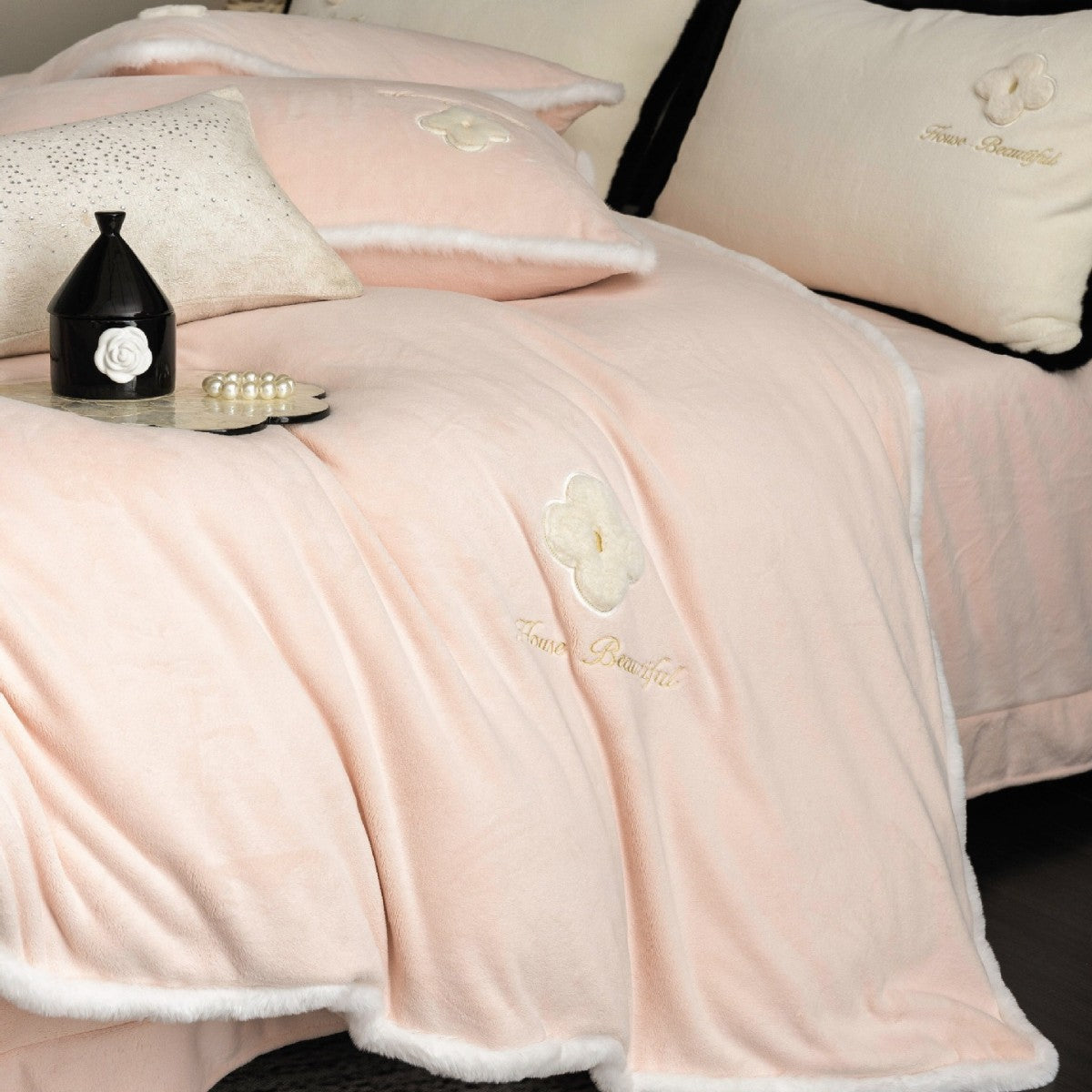 Plush Microfiber Bedding Set with Flower Appliqué and Teddy Trim